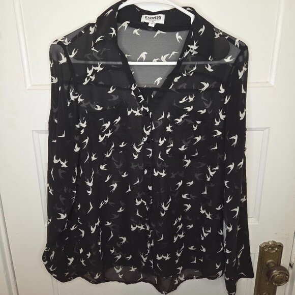 Express The Portfolio Button Up Blouse - Women's Small - Black w/ White Swallows - Picture 1 of 4
